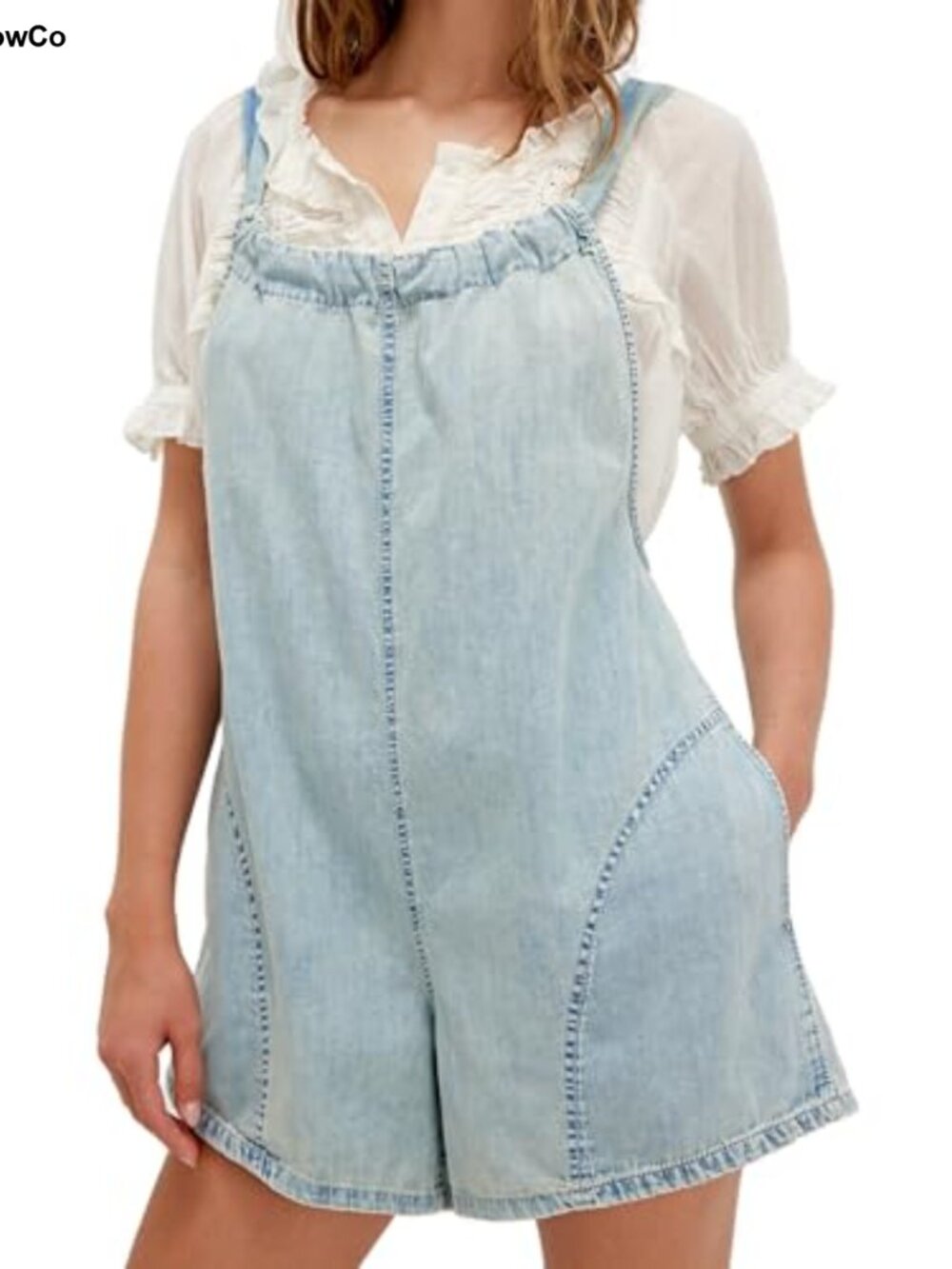 Women's Denim Backless Shorts Romper with Pockets Adjustable Straps